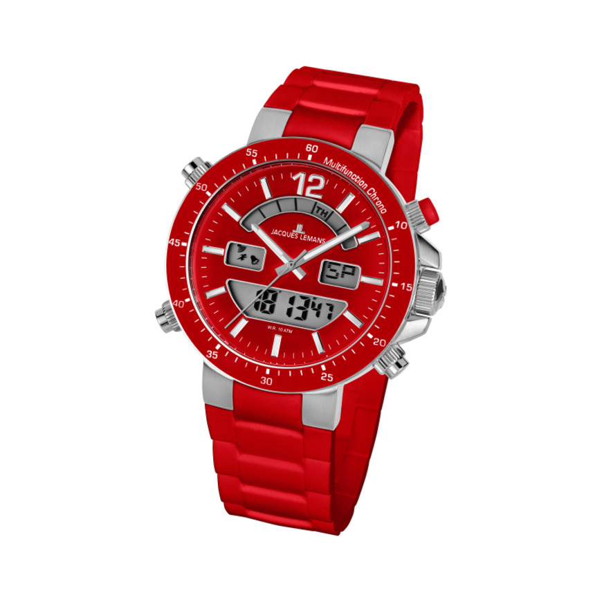 Jacques Lemans Men&#039;s Milano 46mm Red Dial Silicone Watch