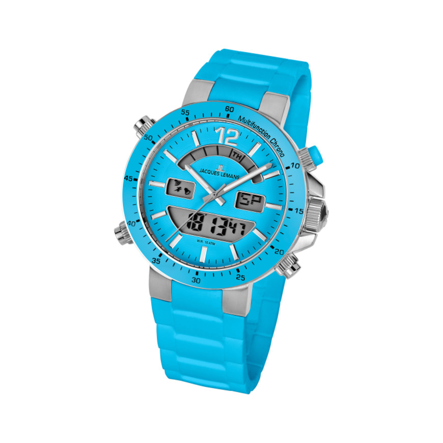 Jacques Lemans Men&#039;s Milano 46mm Turquoise Dial Silicone Watch