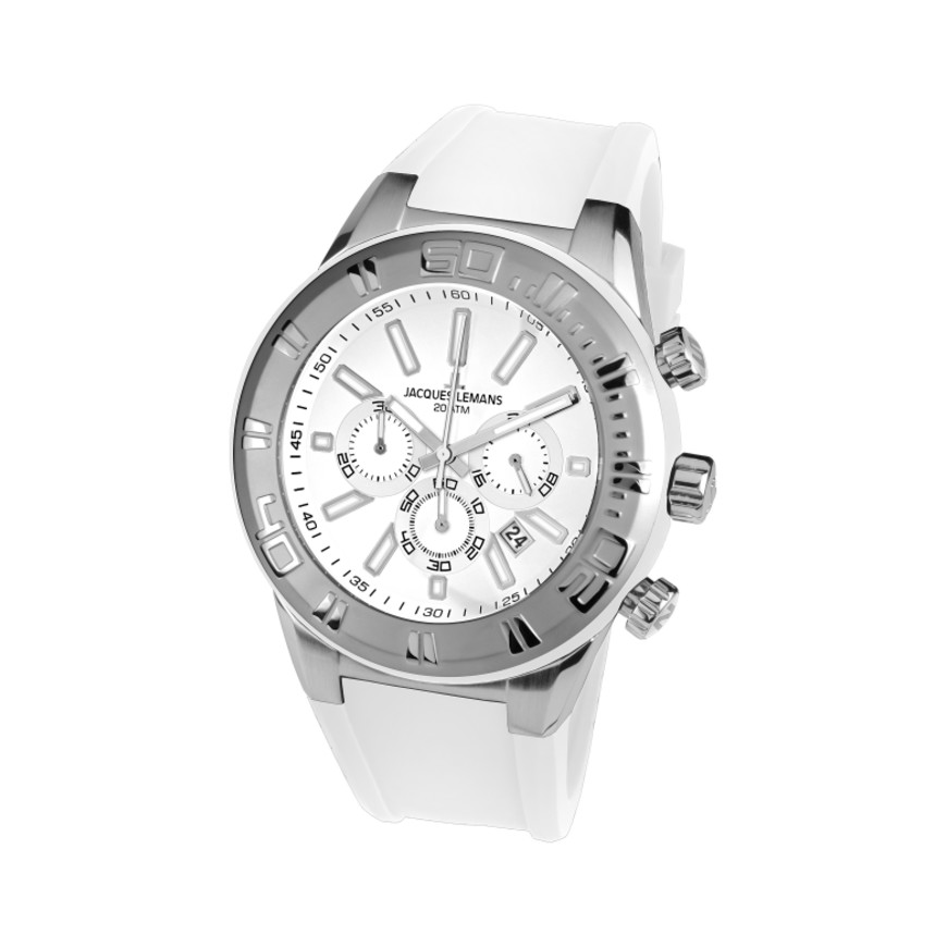 Jacques Lemans Men&#039;s Miami 50mm Silver/White Dial Silicone Chronograph Watch