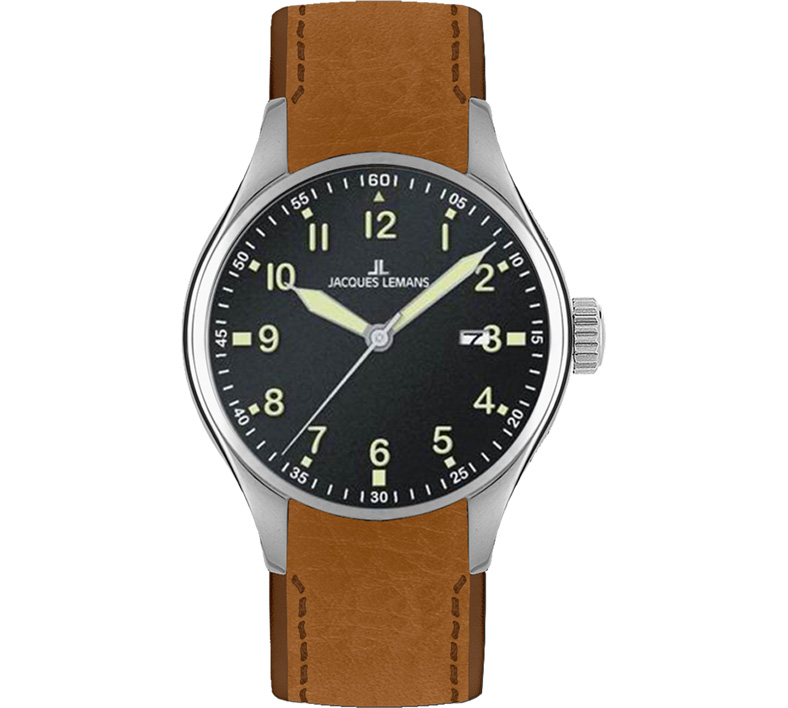 Jacques Lemans Men&#039;s Sport 46mm Black Dial Leather Watch
