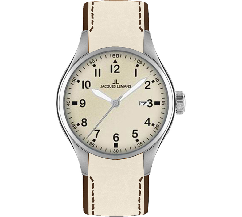 Jacques Lemans Men&#039;s Sport 46mm Beige Dial Leather Watch