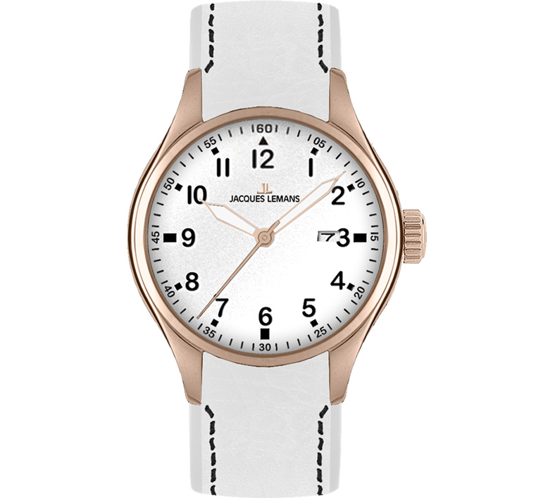 Jacques Lemans Men&#039;s Sport 46mm White Dial Leather Watch