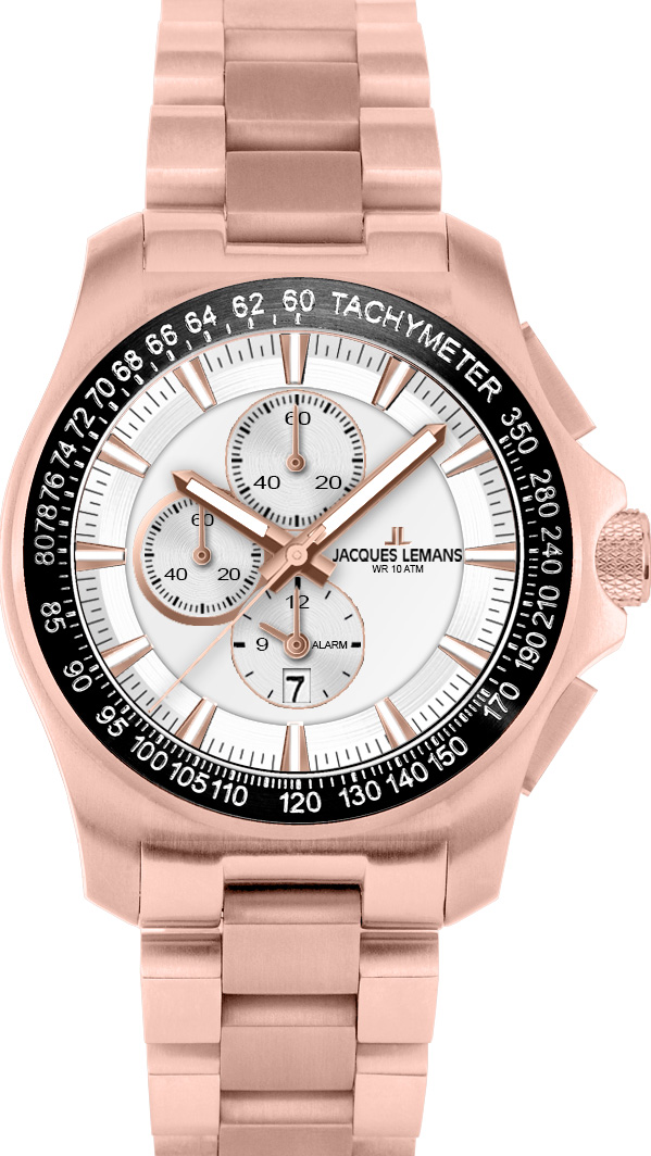 Jacques Lemans Men&#039;s Sport 43mm White Dial Stainless Steel Chronograph Watch