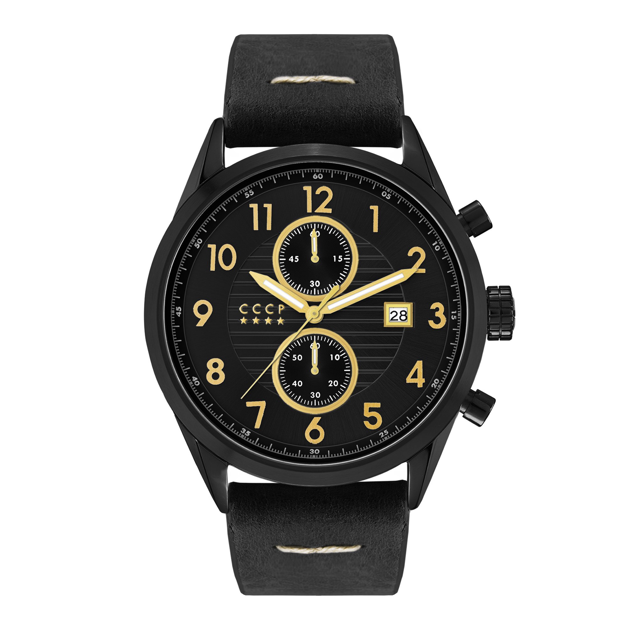 CCCP Men&#039;s Golden Soviet Submarine CP-7029-03 43.5mm Black Dial Leather Watch
