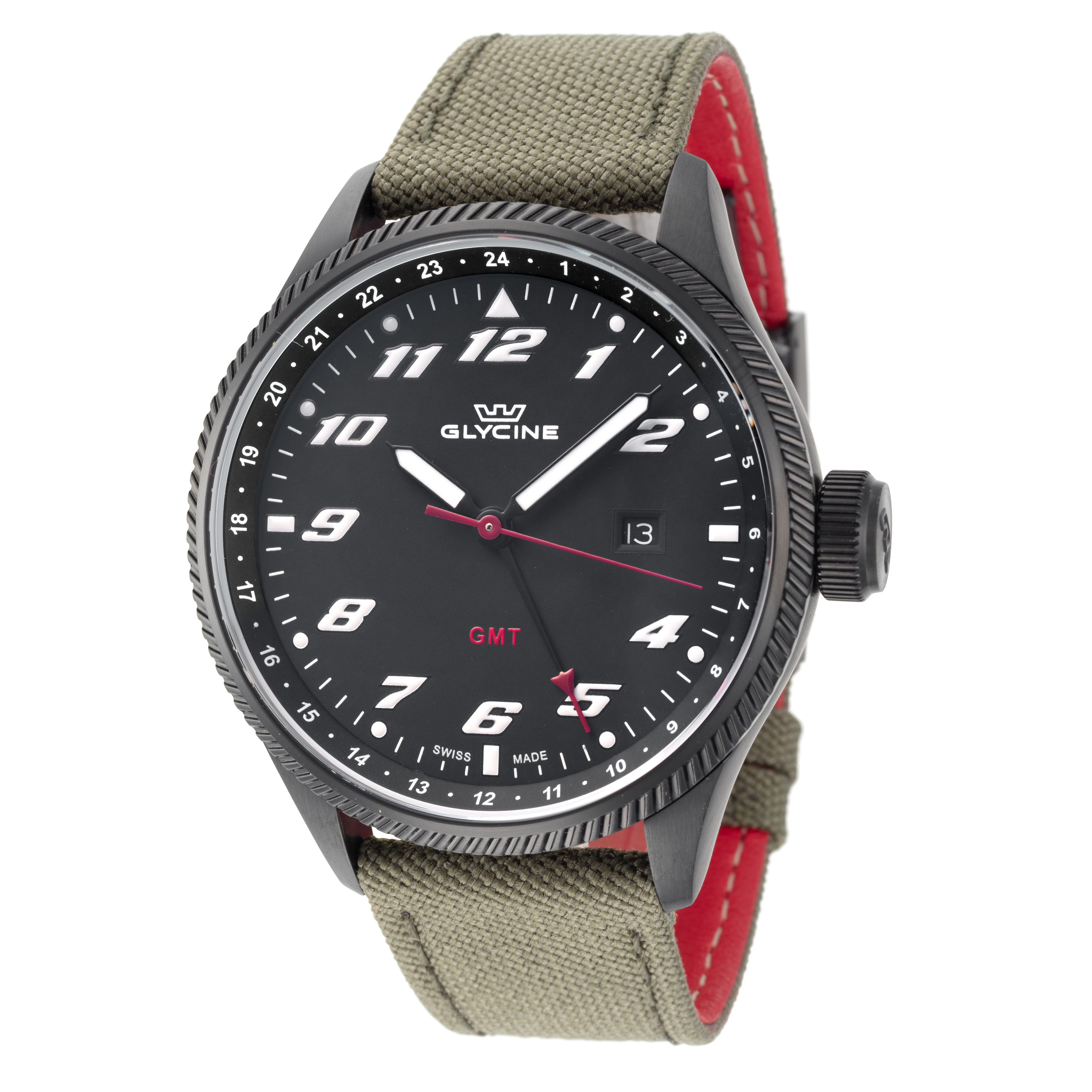 Glycine GL1007 Men&#039;s Airman GMT Quartz 45mm Black Dial Cordura Strap Watch